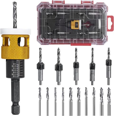 5 Pcs Countersink Drill Bit Set: Replaceable HSS M2 Tapered Bits - 82° Counter Bore with Adjustable Depth Stop, Carbide Drill Bits 1/4" Hex Shank for Wood, Plastic, Woodworking in Saudi Arabia