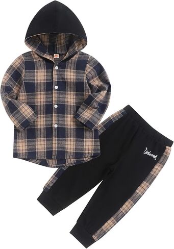 Fuermos Toddler Baby Boys Clothes Flannel Lattice Button Down Hooded Tops +Pants Boys Fall Winter Outfits in Kuwait