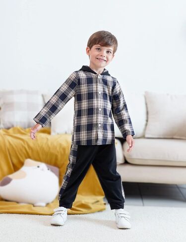 Fuermos Toddler Baby Boys Clothes Flannel Lattice Button Down Hooded Tops +Pants Boys Fall Winter Outfits in Kuwait