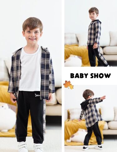 Fuermos Toddler Baby Boys Clothes Flannel Lattice Button Down Hooded Tops +Pants Boys Fall Winter Outfits in Kuwait