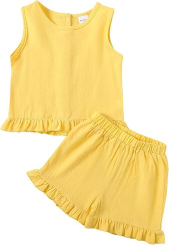 Little Girls Cotton Linen Outfits Set Summer Back Buttons Ruffle Tank Short Set in Saudi Arabia