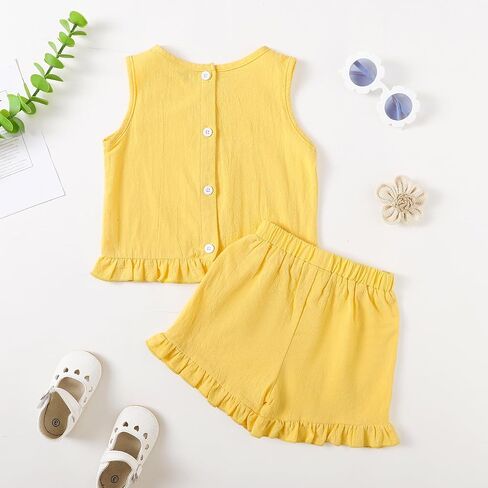 Little Girls Cotton Linen Outfits Set Summer Back Buttons Ruffle Tank Short Set in Saudi Arabia