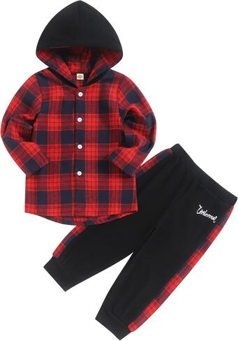 Fuermos Toddler Baby Boys Clothes Flannel Lattice Button Down Hooded Tops +Pants Boys Fall Winter Outfits in Kuwait