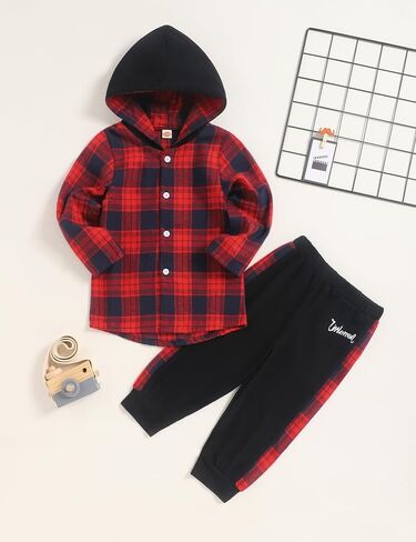 Fuermos Toddler Baby Boys Clothes Flannel Lattice Button Down Hooded Tops +Pants Boys Fall Winter Outfits in Kuwait