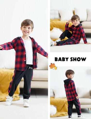 Fuermos Toddler Baby Boys Clothes Flannel Lattice Button Down Hooded Tops +Pants Boys Fall Winter Outfits in Kuwait