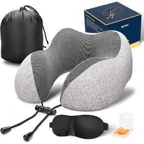 MLVOC Travel Pillow 100% Pure Memory Foam Neck Pillow, Comfortable & Breathable Cover, Machine Washable, Airplane Travel Kit with 3D Contoured Eye Masks, Earplugs, and Luxury Bag, Standard (Black)