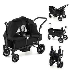 BABY JOY Wagon Stroller for 2 Kids, Collapsible Push Pull Double Stroller Wagon with Adjustable Handle Bar, Removable Canopy, Safety Harness, Cup Holder, Snack Tray & Storage Bag (Gray) in Kuwait