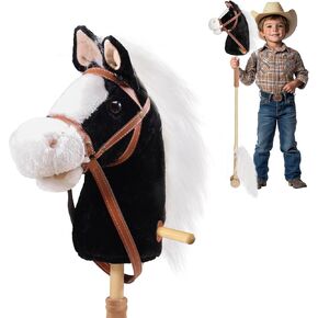 Stick Horse with Realistic Sound Effects, Hobby Horse, Wooden Pole, Handle, and Wheels, 38" Tall Horse Toys Gift for Kids Toddlers 3 Years+, Black (AA Batteries Required)