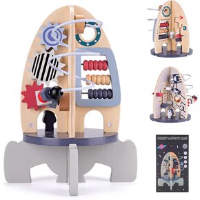 Wdmiya Space Wooden Activity Cube Toys for Baby, Montessori Toys for 1 Year Old Boy & Girl Birthday Gifts, Sensory and Educational 1st Birthday Gifts, Busy Board Toys for Baby Boy 6-18 Months (Rocket)