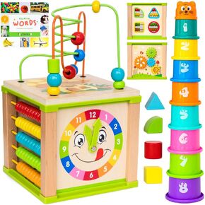 TOYVENTIVE Wooden Activity Cube, Montessori Toys for 1+ Year Old Girl, Multipurpose Educational Sensory Toy for Baby, Toddler, Kid | First Birthday Gift | Bonus First Words Book