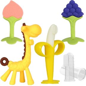Baby Teething Toys, Silicone Baby Teether Freezer BPA Free, Soothe Babies Teething Relief Sore Gums, Banana Finger Toothbrush, Fruit Shape Giraffe Teether Set for Infant Boys and Girls
