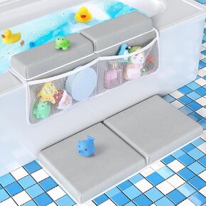 Baby Bath Kneeler and Elbow Rest Pad Set - Gray Green - 1.5 inch Extra Thick Baby Bathtub Kneeling Pad and Removable Elbow Pad,with Baby Bath Toys and Organizer Pockets - Easy to Clean-Tiikiy