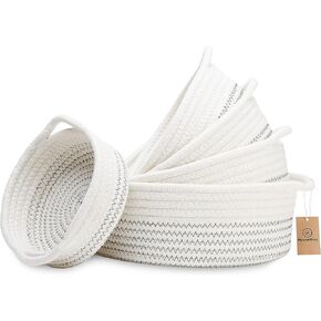 NaturalCozy 5-Piece Round Small Woven Baskets Set– Cotton Rope Baskets for Organizing! Montessori Toys, Fruits Remotes Key Tray Bowl for Entryway Desk, Shallow Catchall Home Décor, Cat Dog Bin Gift