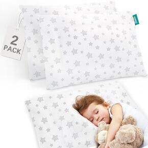 Toddler Pillow 2 Pack with Pillowcase (13 x 18), Cotton Kid Pillow for Sleeping, Machine Washable Soft Travel Pillow, Toddler Use Only, Age 2 to 5 (White)