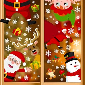 90shine 314PCS Christmas Decorations Window Clings - Xmas Holiday Snowflake Santa Elf Reindeer Gnome Peeking Decals, Winter Wonderland Party Supplies Decor, 12 Sheets