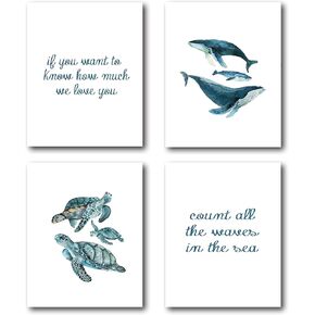 XWELLDAN Watercolor Nautical Whale Ocean Sea Turtle Love You Wall Art Prints,Baby Shower Gifts for Boys Kids,Nursery Wall Art Decor for Kids Bedroom,8 x 10 Inch Set of 4 Prints,Unframed