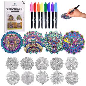 Hula Home Stained Glass Mandala Art Kit - Animal DIY Window Clings with Markers, 10 Suncatchers - Perfect Hobby for Adults, Kids, Teens & Seniors - Ideal Gift for Beginners, Women & Elderly - New