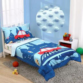 ACRABROS Toddler Bedding Set-4 Pieces Toddler Bedding Sets for Girls Boys Includes Comforter Fitted Sheet Flat Sheet and Reversible Pillowcase,Ultra Soft Toddler Bed Set,Blue Dinosaur