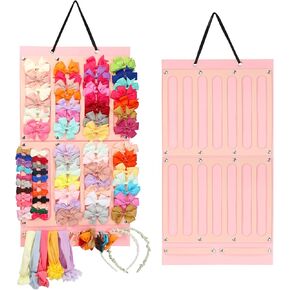 Vimiv Hair Bows Holder w/Large Capacity, Hair Clips Storage Hanger w/16 Ribbons, Hair Bows Organizer, Baby Accessory Display w/Sturdy Rope, Wall Hanging for Girl Room, Nursery Decors