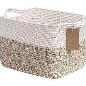 Goodpick Woven Storage Basket for Shelves, Cotton Rope Dog Toy Bin, Empty Gift Basket with Handles, Square Baskets for Storage, Brown and White Storage Bin, 13 x 10 x 9 Inches