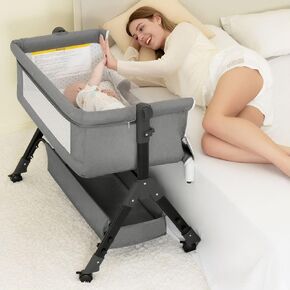 Baby Bassinet, Bedside Bassinet for Baby, 3 in 1 Bassinet Bedside Sleeper with Wheels, Mosquito Net, Adjustable Easy Folding Portable Baby Bed for Infant Newborn (Dark Grey)