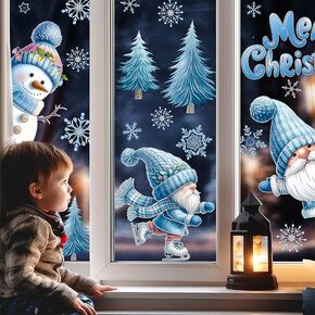 9 Sheets Blue Glitter Christmas Window Clings Cute Christmas Snowman Snowflakes Window Decorations Blue Double-Sided Window Stickers Decor for winter Xmas Home Office Store School Decor Party Supplies