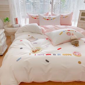 MorroMorn Cotton Duvet Cover Queen Size, Peach Pink Bed Set 3D Embroidery Bedding Sets All Seasons, Chenille Embroidered Comforter Covers Blanket for Girls Kids Teen (Ice Cream Cones, Full/Queen)