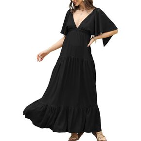 Summer Dresses for Women 2024 Sexy V-Neck Maxi Dress Tiered Silhouette with Flutter Sleeves Backless Flowy Dress in Kuwait