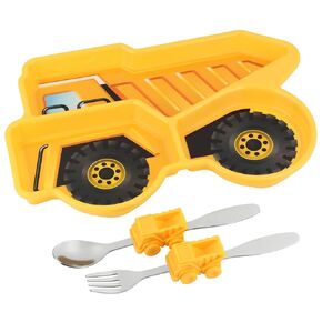 Funwares Yellow Dump Truck Engaging Kids' Dinnerware Set: Durable, Divided Plate, Spoon and Fork Ideal for Picky Eaters, Educational Mealtime, Easy Cleaning, Gift for Toddlers