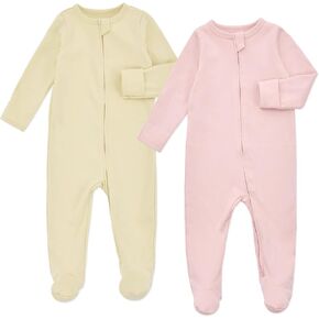 Aablexema Baby Pajamas with Feet and Mittens 2-Pack Zip Up Infant Cotton Long Sleeve Footies Sleep and Play