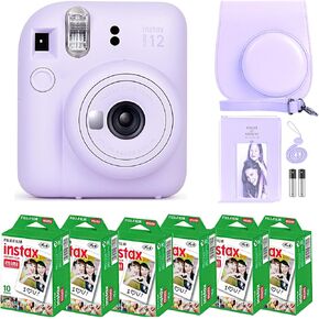 Fujifilm Instax Mini 12 Camera with Fujifilm Instant Mini Film (60 Sheets) Bundle with Deals Number One Accessories Including Carrying Case, Photo Album, Stickers (Clay White)