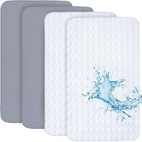 Pack and Play Sheets and Waterproof Pack n Play Mattress Protector Pad Cover 4 Pack Set, Ultra Soft Pack n Play Mattresses Sheets Compatible with Graco Pack n Play, Grey&Navy