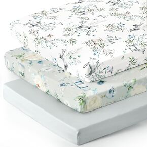 GRSSDER Pack n Play Sheets Fitted 3 Pack, Stretchy Ultra Soft Jersey Knit Pack and Play Sheets, Universal Fitted Portable/Mini Crib Mattresses Snug and Safe, Neutral Pattern of Cars Print