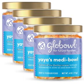 وجبات طعام الأطفال والرضع من Globowl للمرحلة 3، مقدمة للحساسية المبكرة بعمر 6 أشهر فما فوق، فطام الطفل، وجبات خفيفة غذائية كاملة عالمية للأطفال الصغار، الأطفال، وعاء زجاجي سعة 118 مل، وعاء يايا المتوسط، 4 عبوات