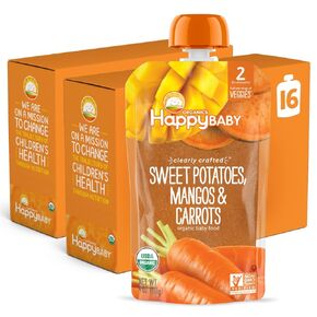 Happy Baby Organics Stage 2 Baby Food Pouches, Gluten Free, Vegan & Healthy Snack, Clearly Crafted Fruit & Veggie Puree, Bananas, Raspberries & Oats, 4 Ounces (Pack of 16)