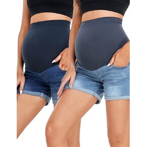 HOFISH المرأة فوق البطن السراويل الأمومة دعم الحمل السراويل تنفس شورت جينز البحرية + أزرق فاتح XS