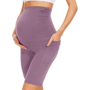 QGGQDD Maternity Shorts Over Belly with Pockets – 8" Black High Waisted Pregnancy Workout Biker Shorts Women