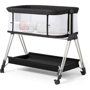 Fodoss Baby Bassinet Bedside Sleeper with Wheels and Storage Tray,4-Sided Mesh Bedside Bassinet for Infant/Newborn,7 Height Adjustable Easy Folding Bedside Crib
