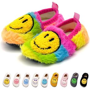 Smile Face Slippers Kids Fuzzy Indoor House Slippers Toddler Home Cozy Socks Cute Face Non-Slip Rubber Sole Warm Shoes Cartoon Soft For Boys Girls