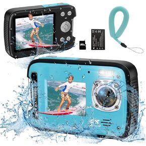 Underwater Camera 4K 48MP Autofocus Selfie Dual Screen Waterproof Camera with Floating Strap and 32GB Card, 17FT Compact Waterproof Digital Camera, Fill Light Underwater Camera for Snorkeling