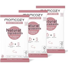 Momcozy Natural Breast Pump Wipes for Pump Parts Cleaning On-the-go, 30 Count (Pack of 3), Flash Clean & Resealable Pump Wipes