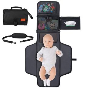 Portable Diaper Changing Pad, Newborn Diaper Changing Pad Baby Changing Pad with Smart Wipes Pocket Waterproof Travel Changing Kit for Girl Boy Baby Shower Gifts (Black)