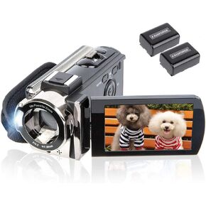 Video Camera Camcorder Digital Camera Recorder Full HD 1080P 15FPS 24MP 3.0 Inch 270 Degree Rotation LCD 16X Zoom Camcorder with 2 Batteries(604s)
