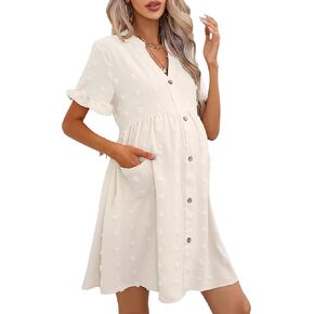 KOJOOIN Maternity Swiss Dot Dress Summer V Neck Short Sleeve Button Down Mini Dress Baby Shower Photoshoot with Pockets