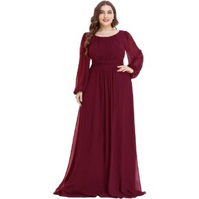 Ever-Pretty Women's Round Neck Long Lantern Sleeves Chiffon Pleated Long Evening Gown Plus Size Formal Dress 0106B-DA