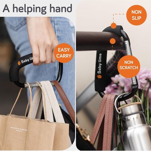 Baby Uma Stroller Hooks for Bags (2-Pack) - Universal Stroller Clips and Hooks, Carry 11 lbs Per Stroller Hook, Adjustable Stroller Carabiner Clip, Baby Essentials, Stroller Accessories in Saudi Arabia