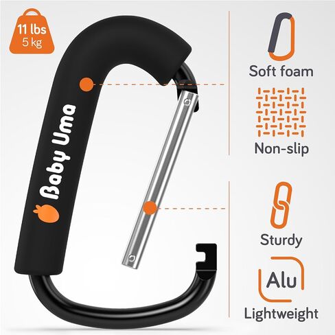 Baby Uma Stroller Hooks for Bags (2-Pack) - Universal Stroller Clips and Hooks, Carry 11 lbs Per Stroller Hook, Adjustable Stroller Carabiner Clip, Baby Essentials, Stroller Accessories in Saudi Arabia