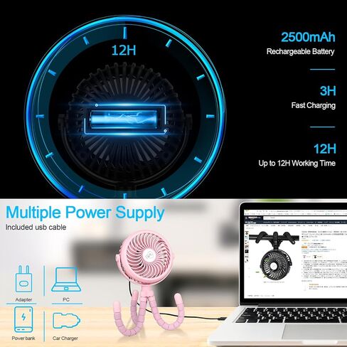 Stroller Fan Mini Portable Fan USB Personal Fan Long Working Handheld Fan 12pcs LED Camping Fan Batterry Operated Fan Clip on Fan for Stroller Travel (Black) in Saudi Arabia