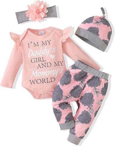 Renotemy Newborn Baby Girl Clothes Infant Outfit Essentials Preemie-18Month | Cute Newborn Girl Clothes,Baby Fall Winter Outfits,Infant Romper Bodysuit,Pants Set with Headband,Toddler Girl Clothes Gifts in Saudi Arabia