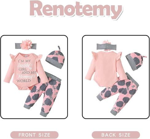 Renotemy Newborn Baby Girl Clothes Infant Outfit Essentials Preemie-18Month | Cute Newborn Girl Clothes,Baby Fall Winter Outfits,Infant Romper Bodysuit,Pants Set with Headband,Toddler Girl Clothes Gifts in Saudi Arabia